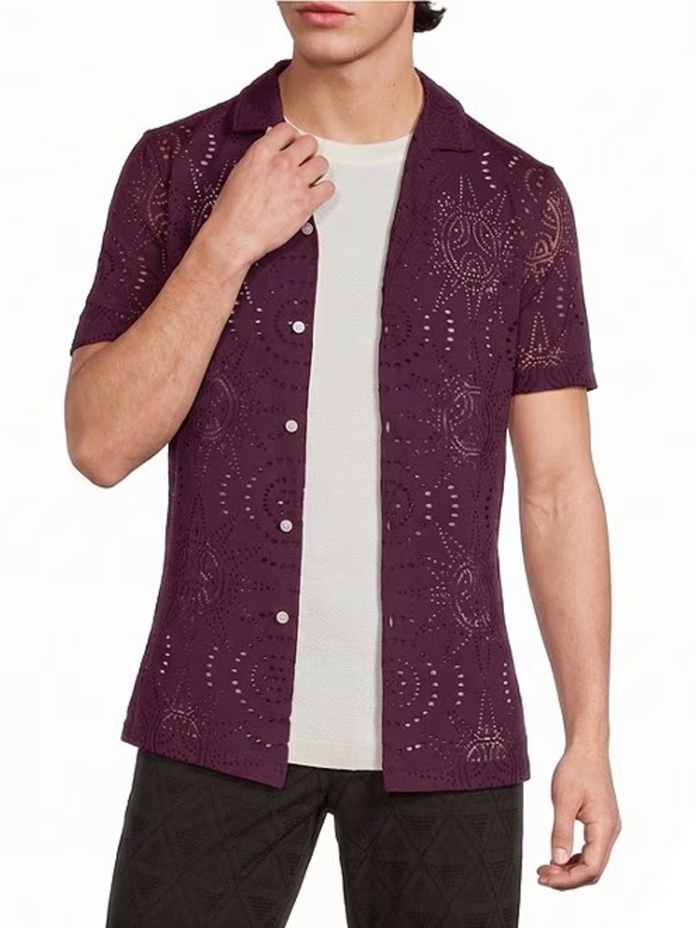 Murano Men’s Oaxaca Collection Slim Fit All Over Eyelet Camp Collar Knit Shirt